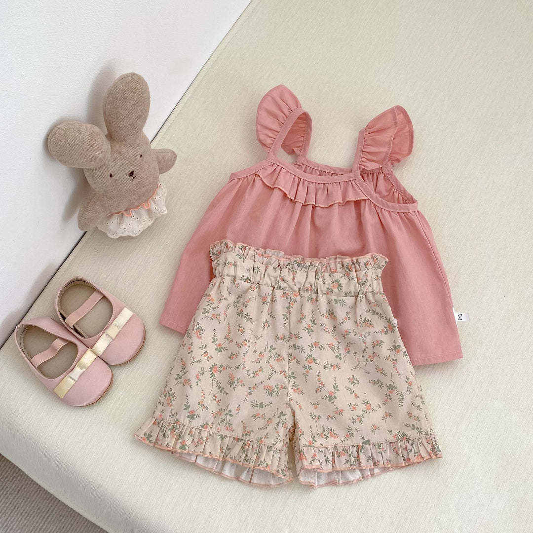 【73-110】フリルキャミソール×小花柄ショートパンツセット