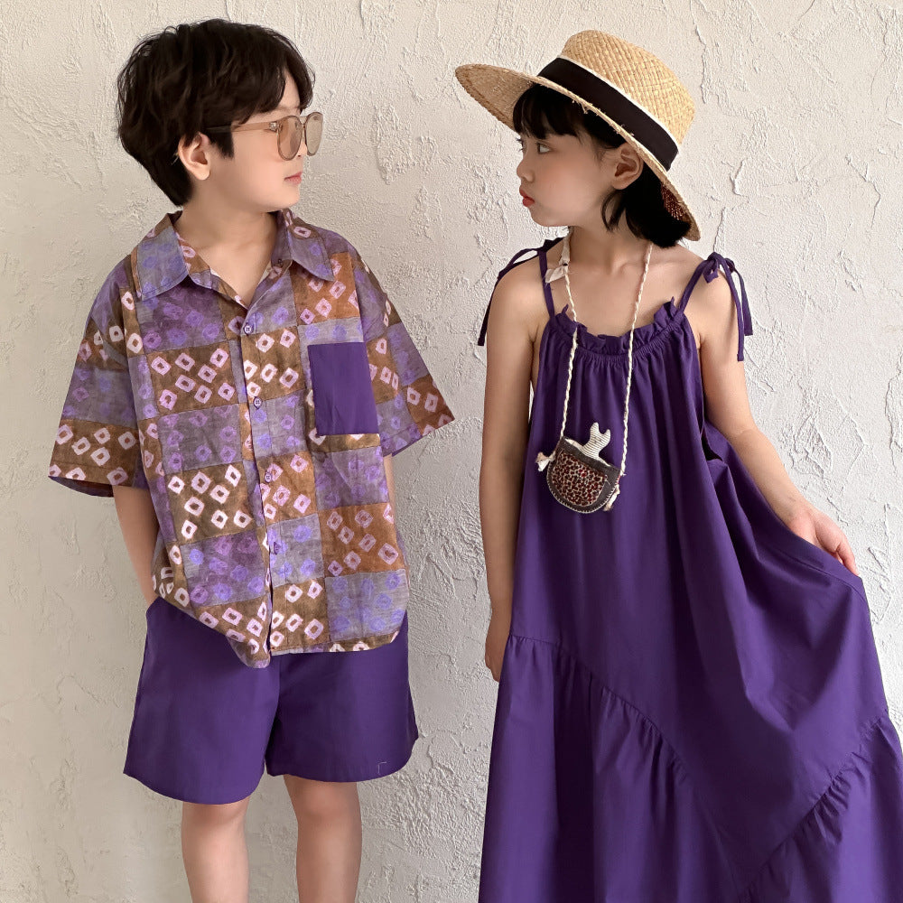 【90-150】柄シャツ×ハーフパンツセット