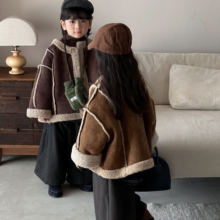 【80-140】ノーカラーフェイクムートンジャケット