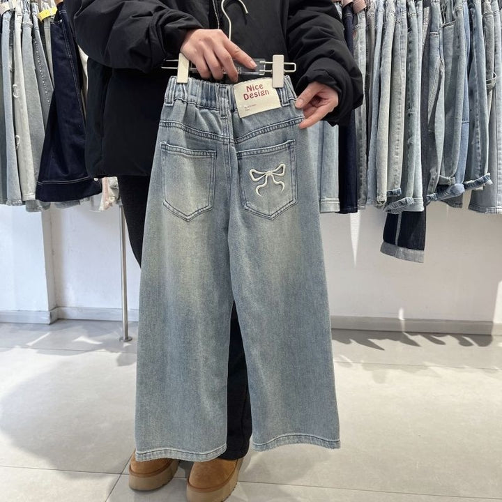 【120-150】バックポケットリボンデニムパンツ