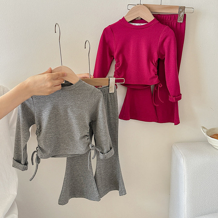 【90-140】ウエストシャーリングトップス×フレアパンツセット