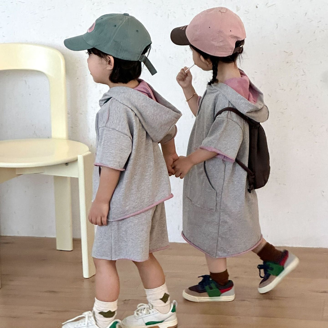 【80-150】ハーフボタンフーディートップス×ハーフパンツセット