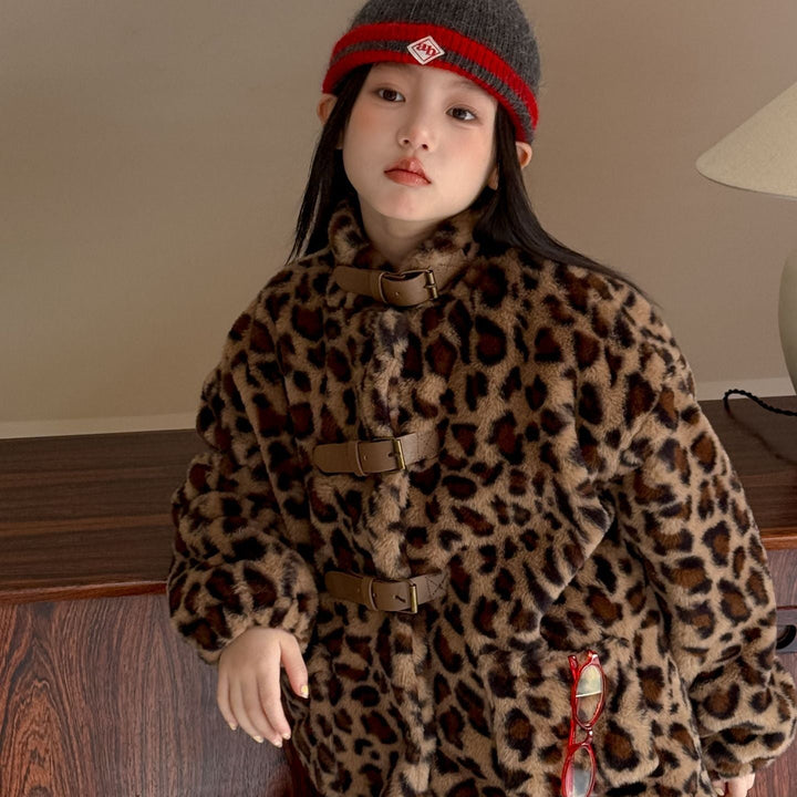 【100-150】レオパード柄スタンドカラーショートコート