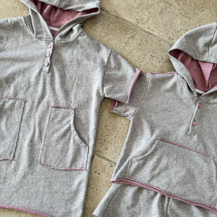 【80-150】ハーフボタンフーディートップス×ハーフパンツセット