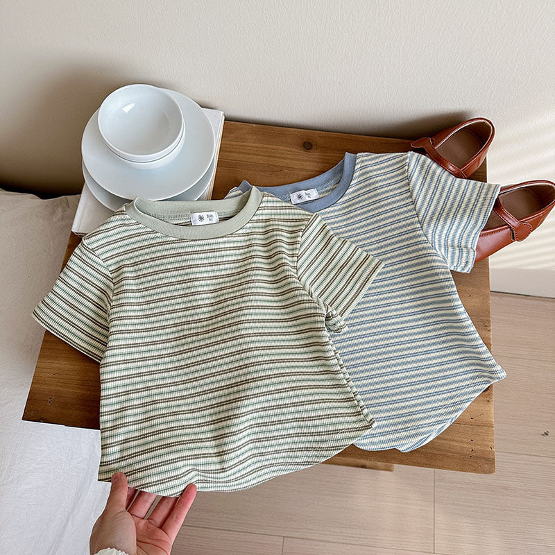 【90-140】マルチカラーシンプルボーダーTシャツ