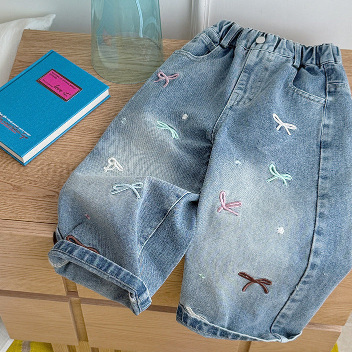 【90-150】リボン刺繍デザインジーンズ