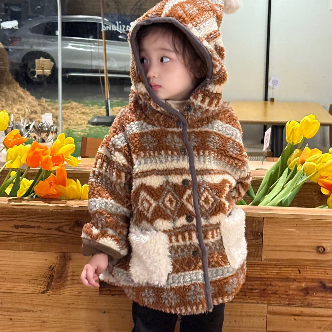 【90-140】ポンポン付きパターンプリントショートコート