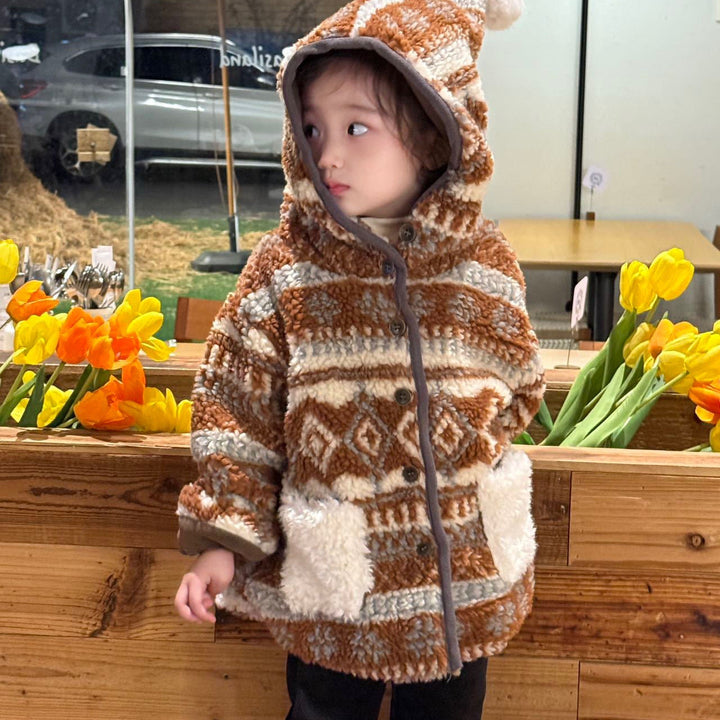 【90-140】ポンポン付きパターンプリントショートコート