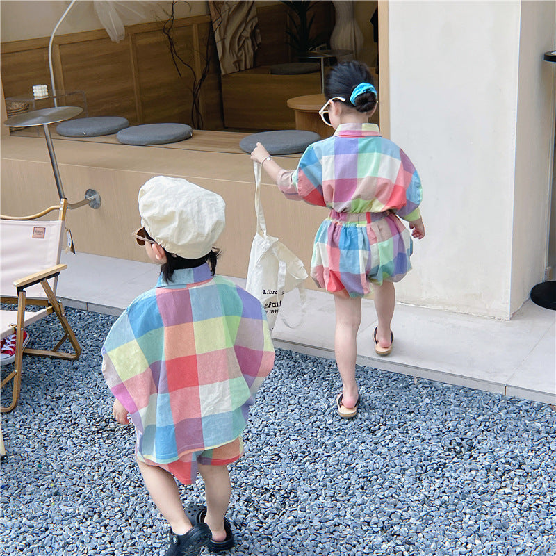 【90-140】カラフルチェックシャツセットアップ