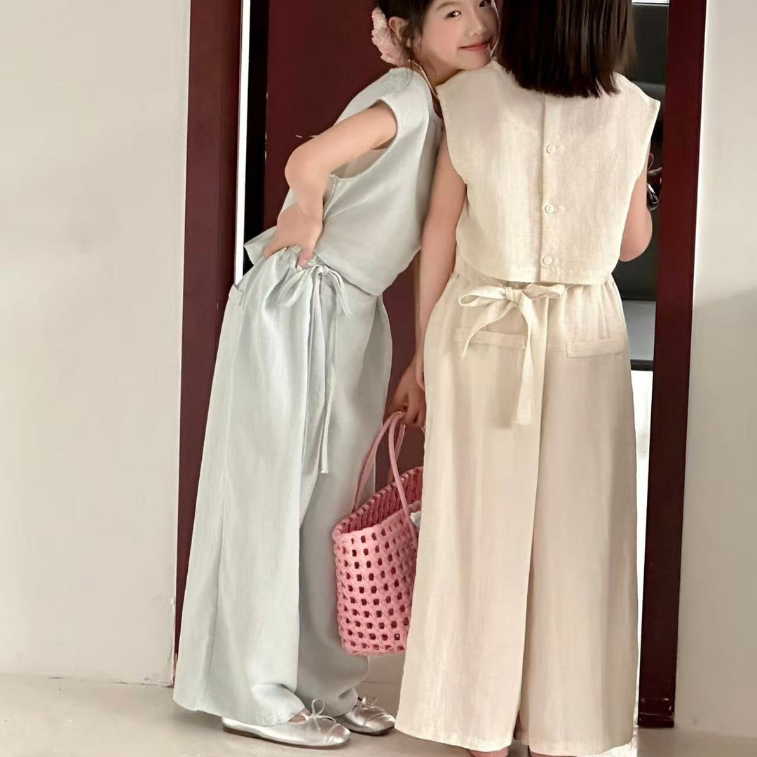 【90-140】バックボタントップス×リボンロングパンツセット