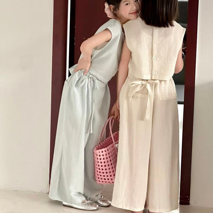 【90-140】バックボタントップス×リボンロングパンツセット