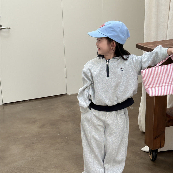 【90-140】フード付きハーフジップスウェットセットアップ