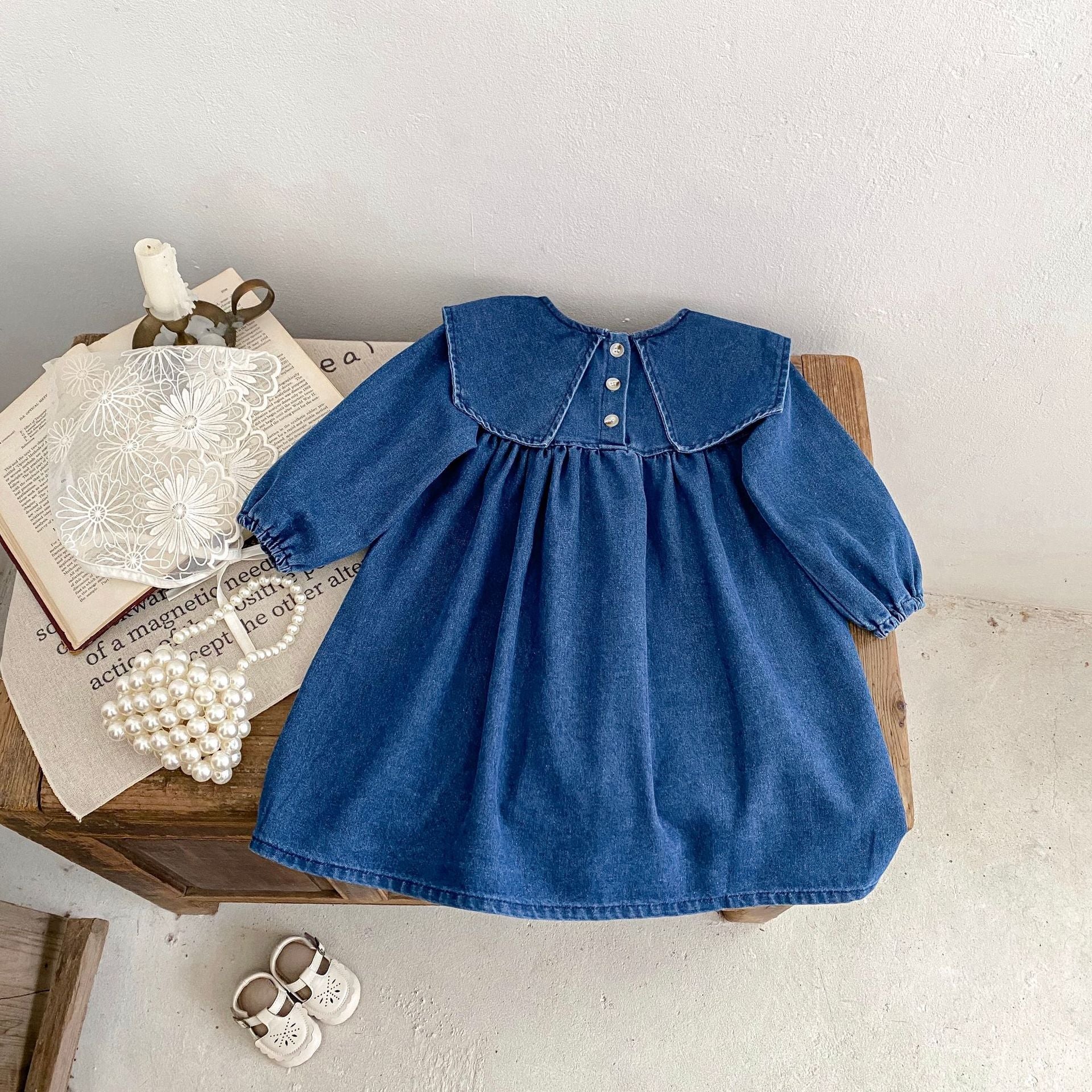 73-130】ビッグカラーデニムロンパース・ワンピース｜ELMO-こども服