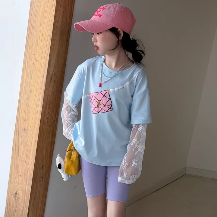 【100-150】レースレイヤード風Tシャツ