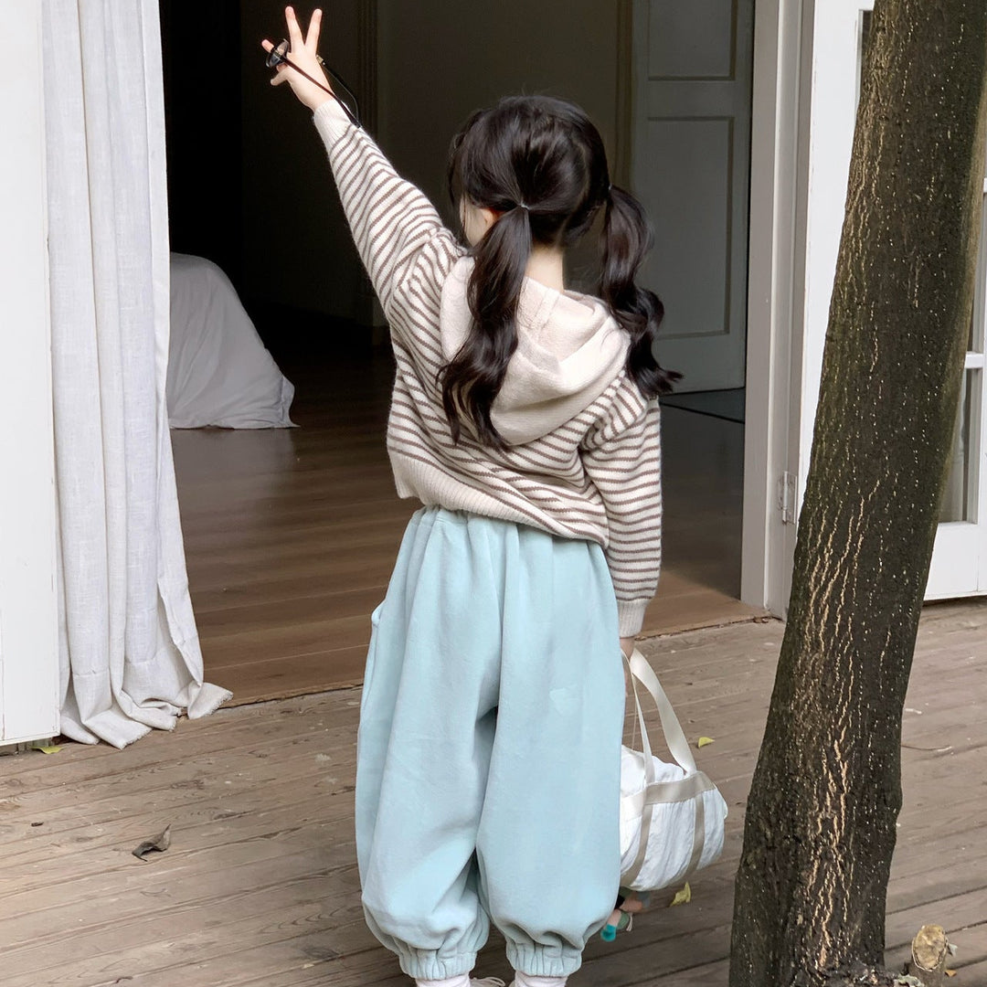 【90-140】ボーダー柄フーディーニット