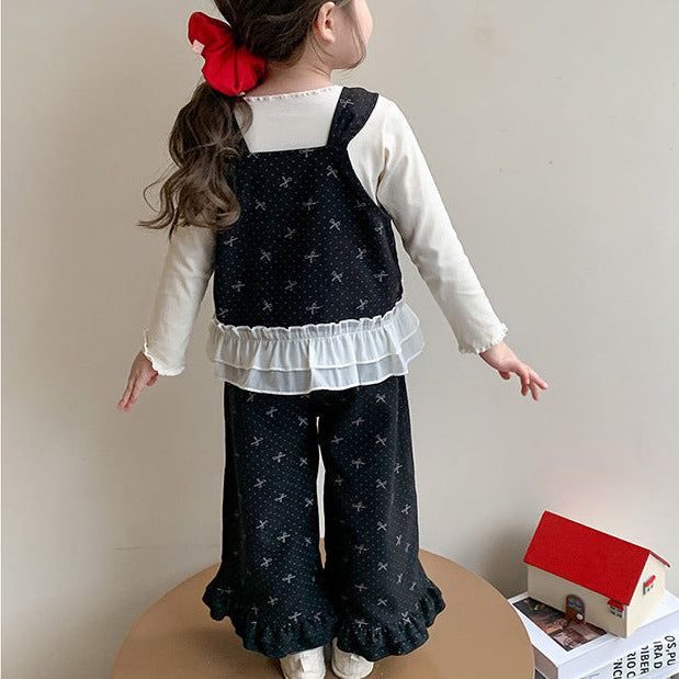 【90-140】トップス×リボン柄フリルデザインセットアップ