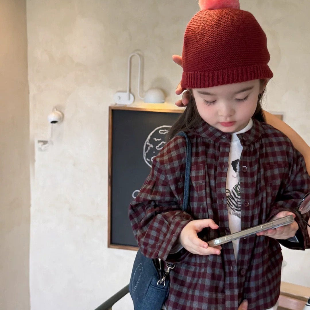 【80-130】ノーカラーチェック柄シャツ