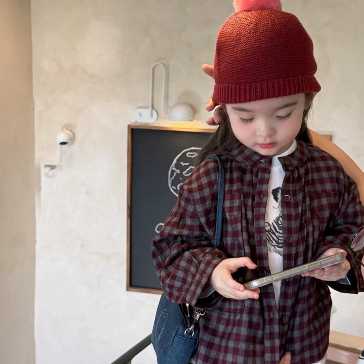 【80-130】ノーカラーチェック柄シャツ