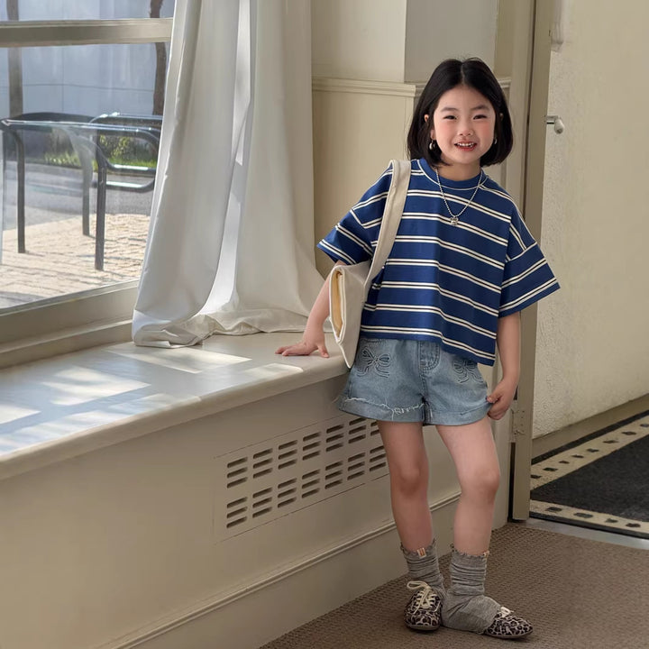 【120-150】ダブルリボンロールアップデニムショートパンツ