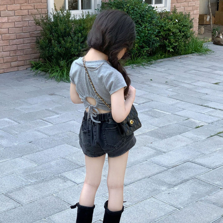 【90-150】ショート丈バックオープンTシャツ