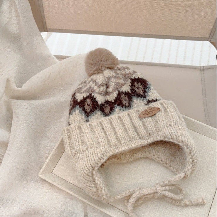 【48-52cm】ポンポン付きフェアアイル柄ニット帽