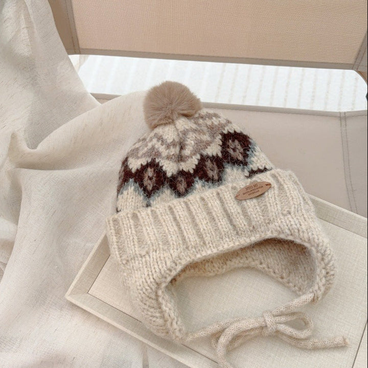 【48-52cm】ポンポン付きフェアアイル柄ニット帽