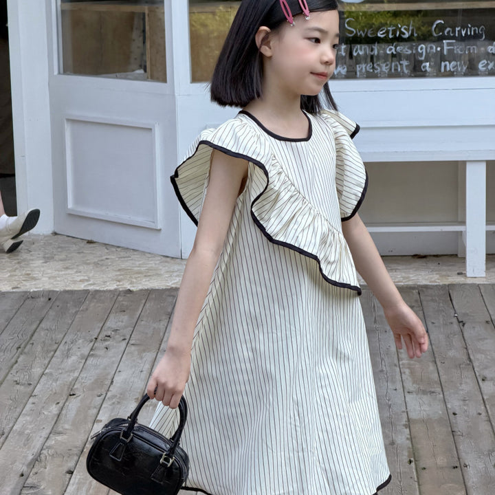 【100-150】フリルデザインストライプワンピース