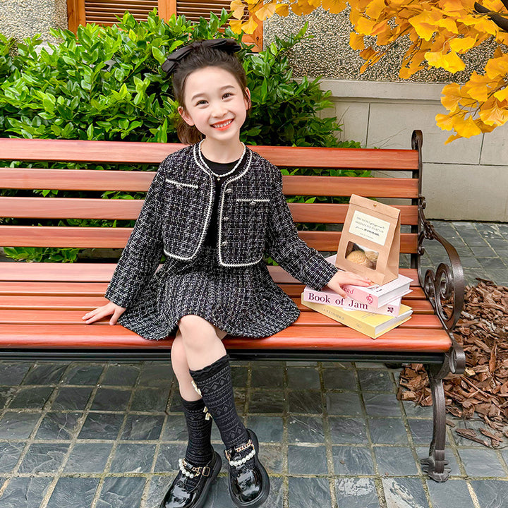 【90-140】ツイード風ジャケット×長袖ワンピースセット