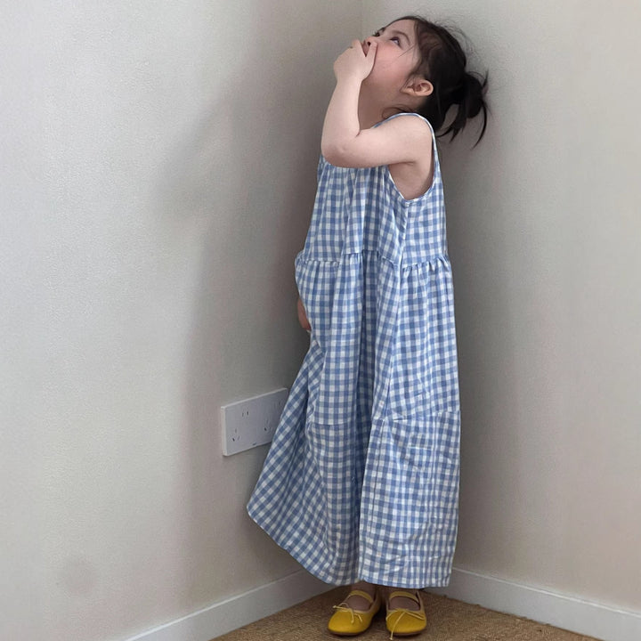 【90-150】ギンガムチェックマキシ丈ワンピース