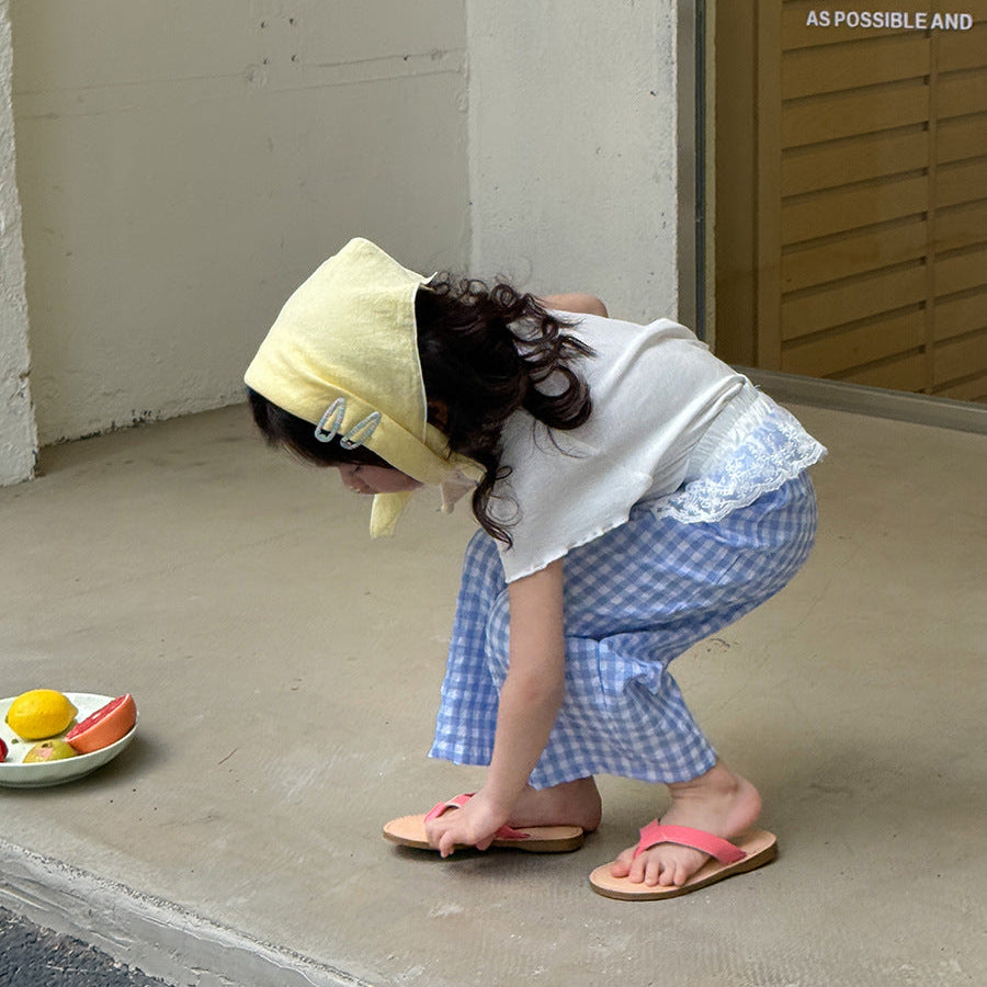 【90-150】ウエストレースギンガムチェックパンツ