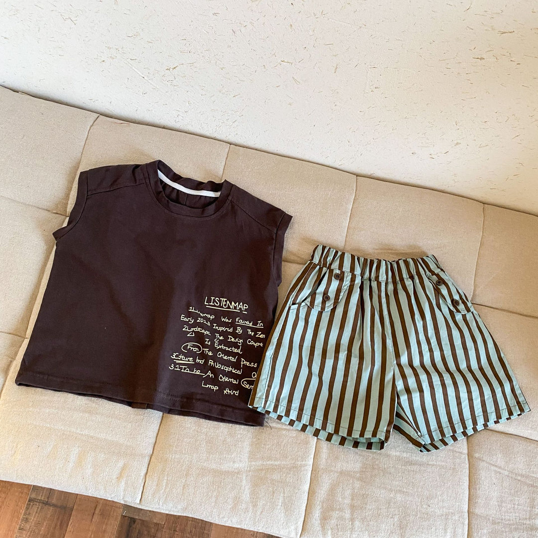 【80-150】フレンチスリーブトップス×ストライプハーフパンツセット