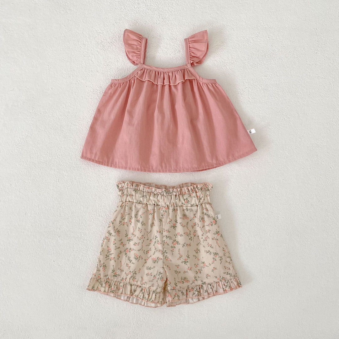 【73-110】フリルキャミソール×小花柄ショートパンツセット