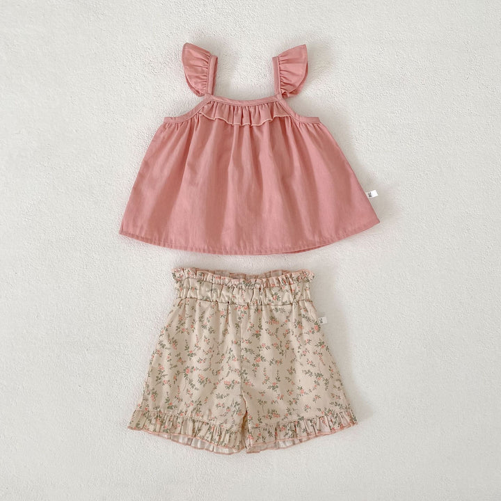 【73-110】フリルキャミソール×小花柄ショートパンツセット