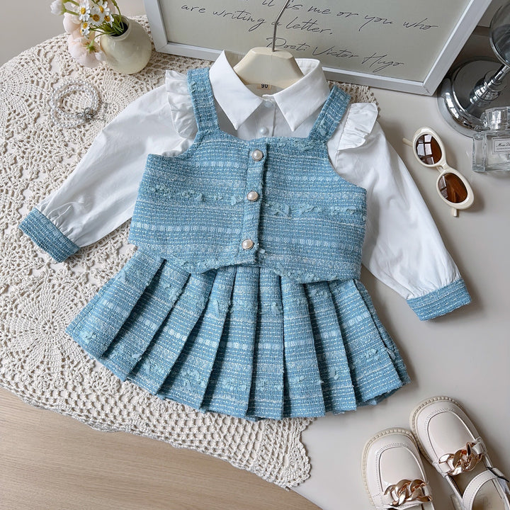 【90-140】肩フリルブラウス×ベスト×プリーツスカートセット