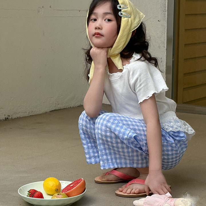 【90-150】ウエストレースギンガムチェックパンツ