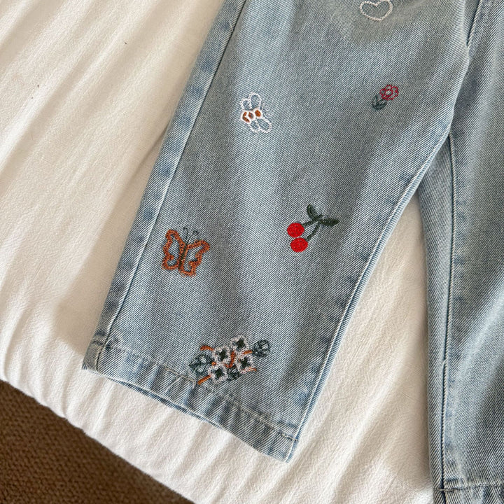 【80-150】刺繍デザインストレートデニムパンツ