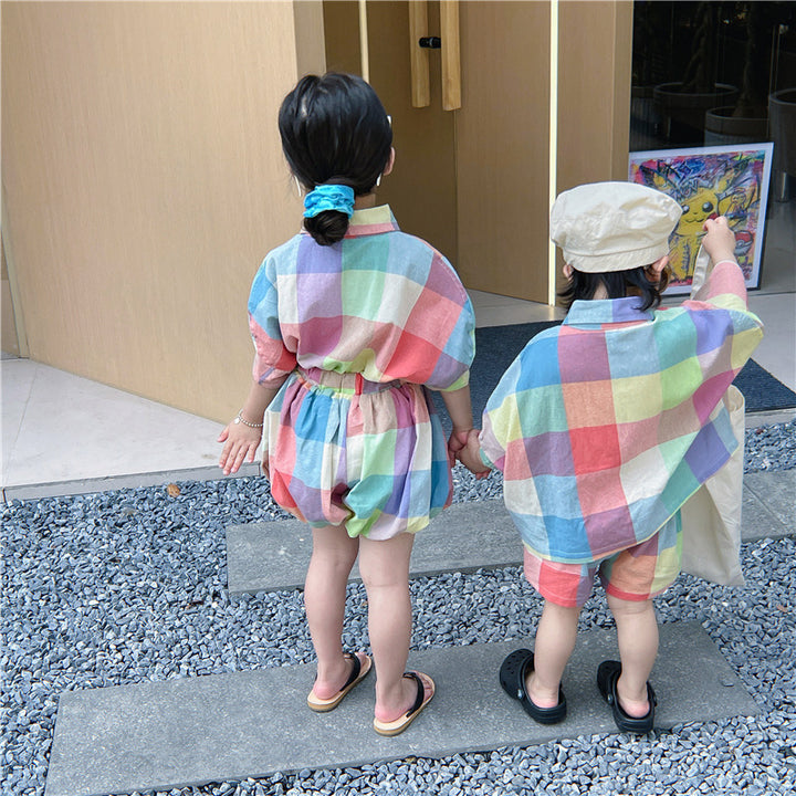 【90-140】カラフルチェックシャツセットアップ
