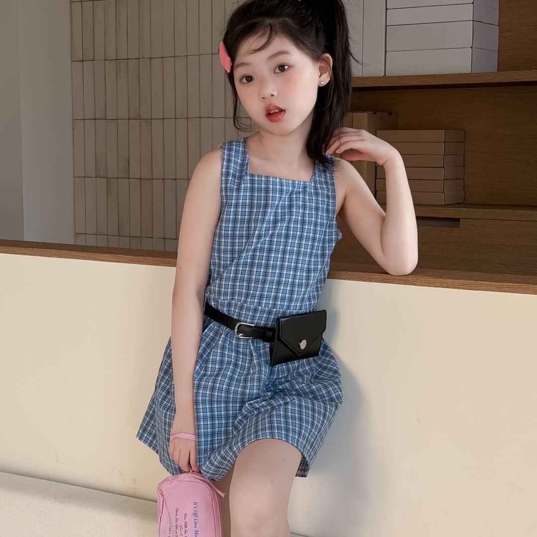 【100-150】チェック柄ノースリーブミニワンピース