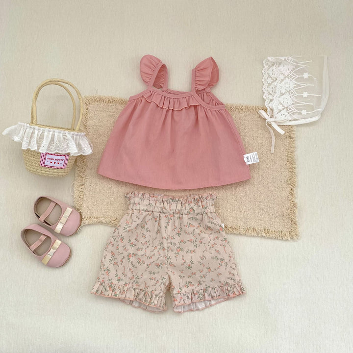 【73-110】フリルキャミソール×小花柄ショートパンツセット