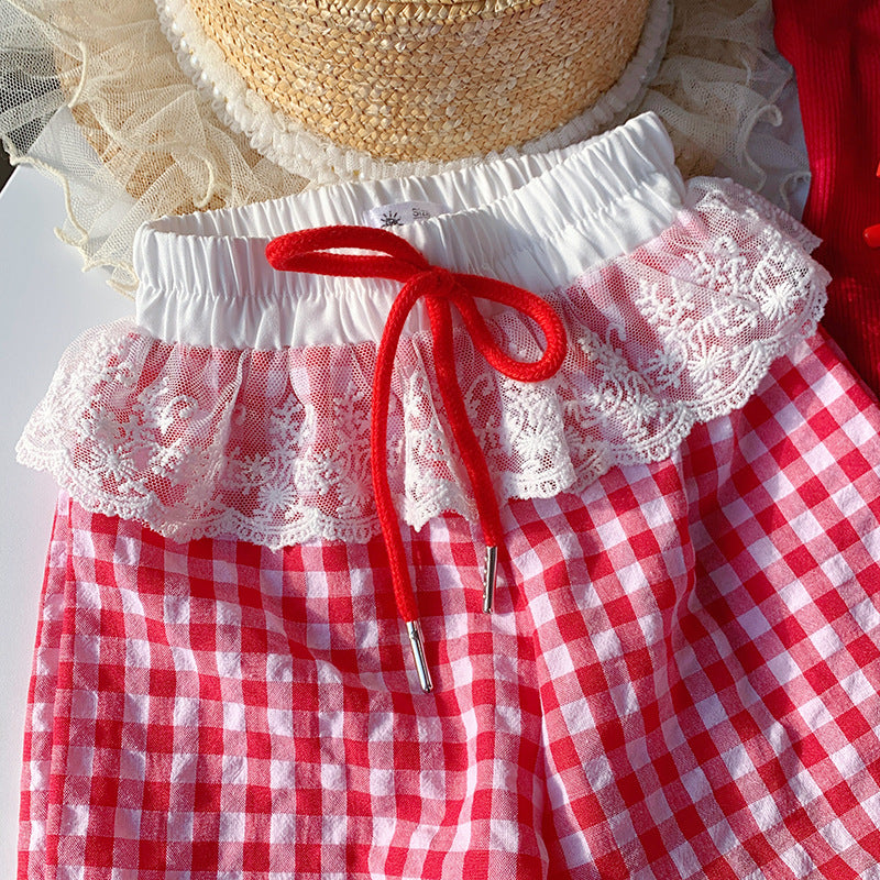 【90-150】ウエストレースギンガムチェックパンツ