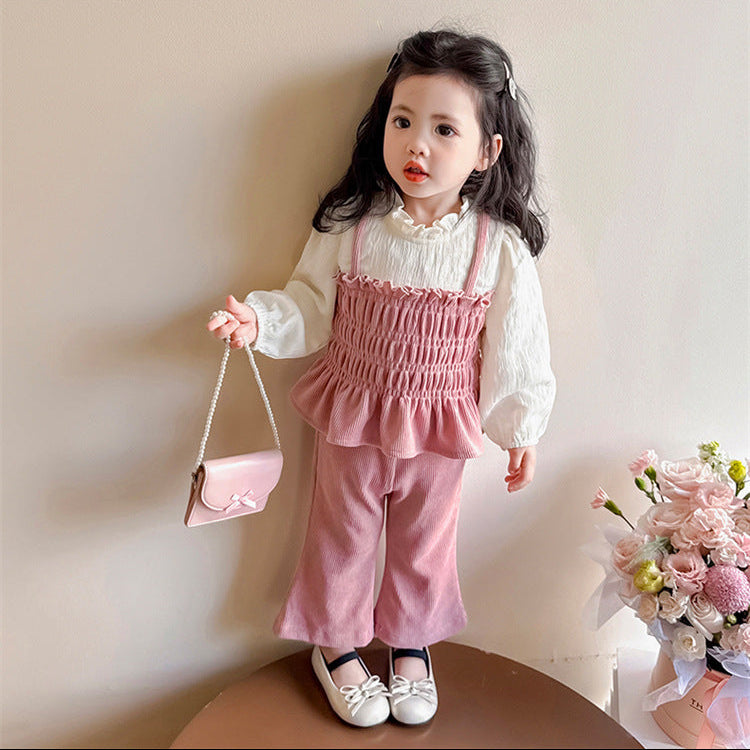 【90-140】レイヤード風トップス×フレアロングパンツセット