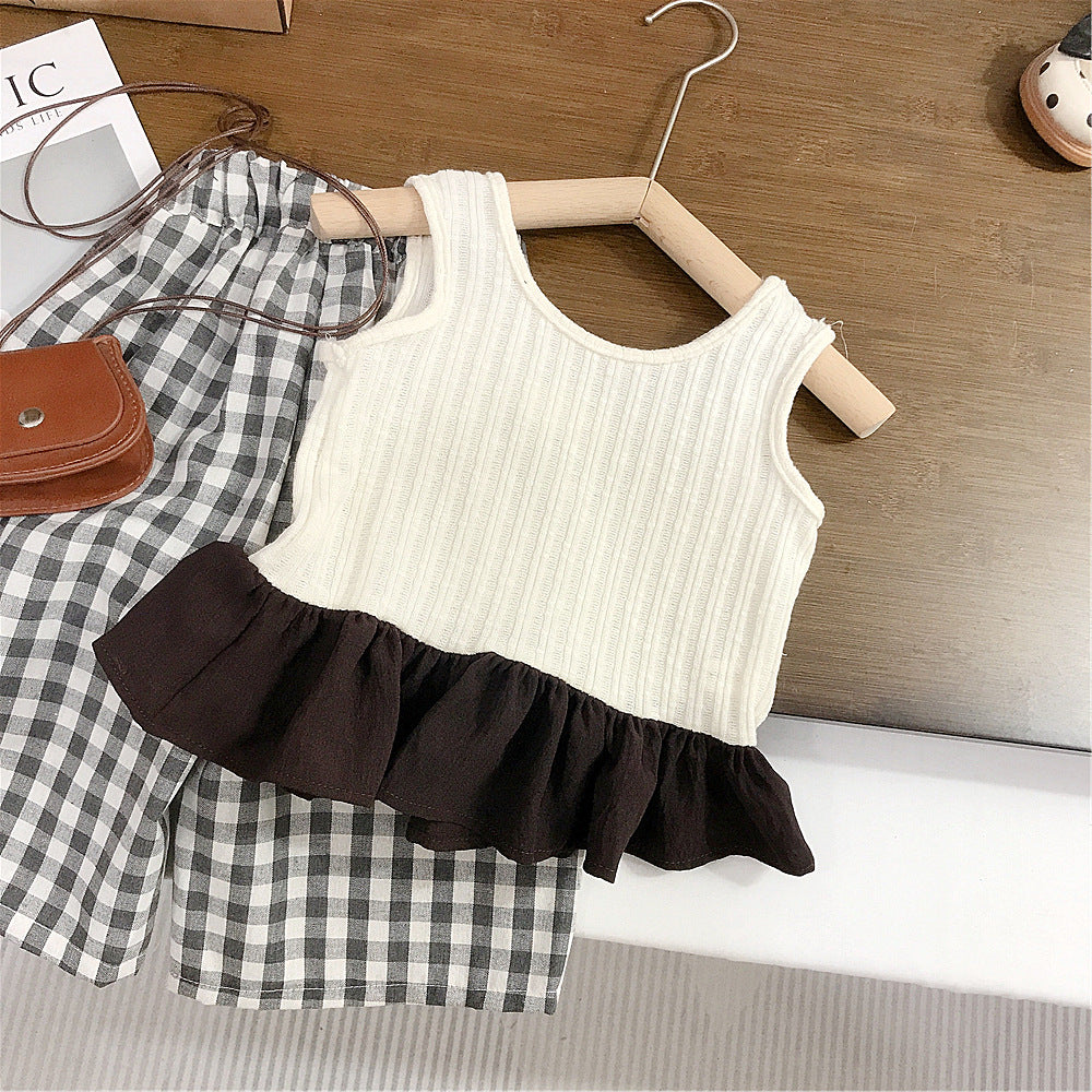 【90-140】フリルヘムトップス×チェック柄ロングパンツセット