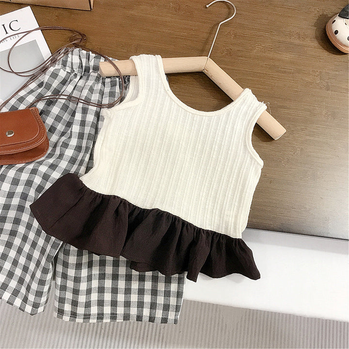 【90-140】フリルヘムトップス×チェック柄ロングパンツセット