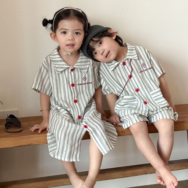 【80-150】ストライプデザイン半袖セットアップ