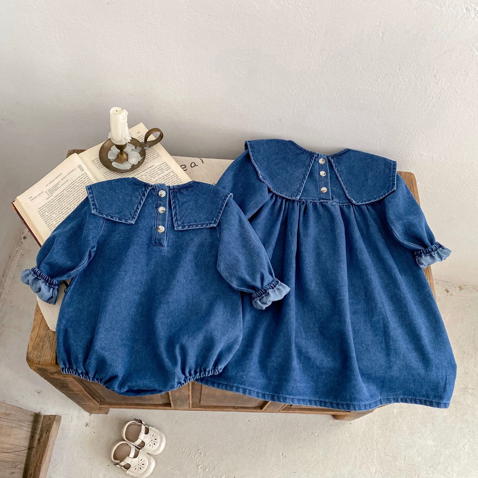 73-130】ビッグカラーデニムロンパース・ワンピース｜ELMO