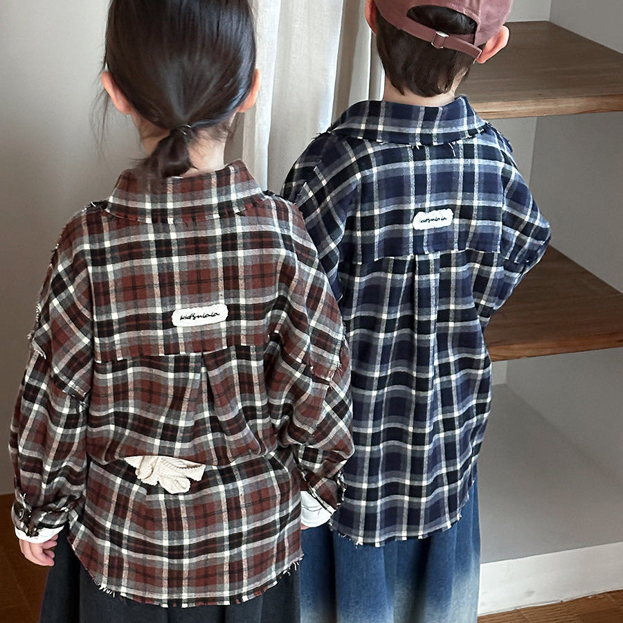 【80-140】カラーデザインチェック柄シャツ