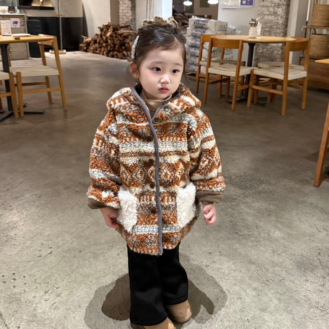 【90-140】ポンポン付きパターンプリントショートコート