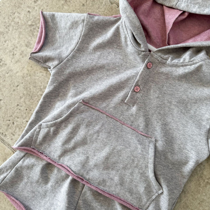 【80-150】ハーフボタンフーディートップス×ハーフパンツセット