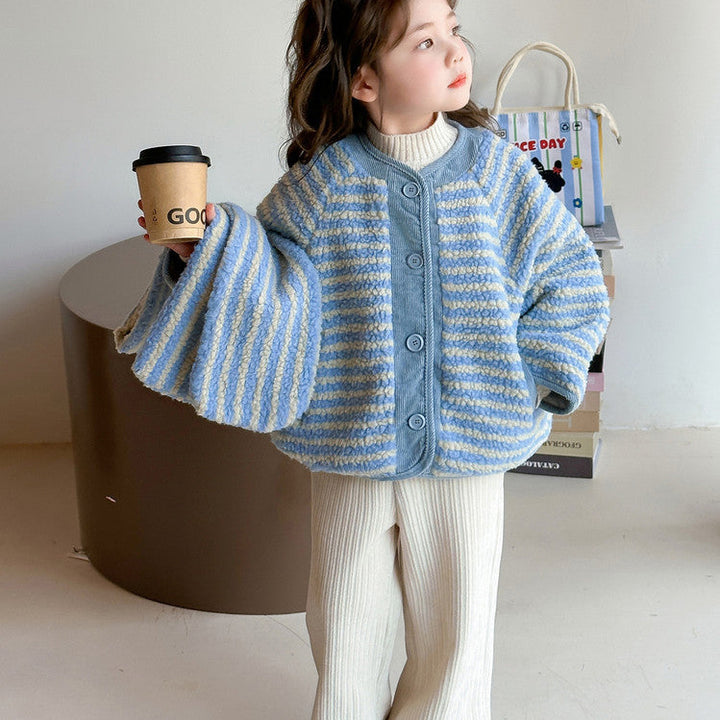 【90-140】ボーダー柄あったかショートコート