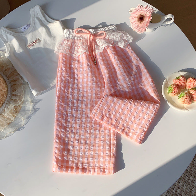 【90-150】ウエストレースギンガムチェックパンツ